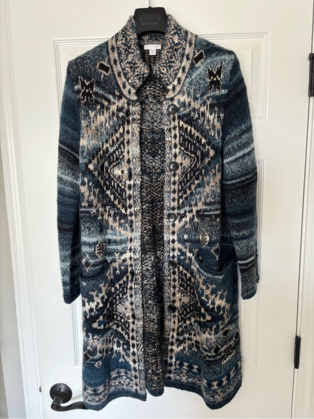 J Jill Sweater Blue Aztec Boho Duster Long Cardigan Southwestern Size S